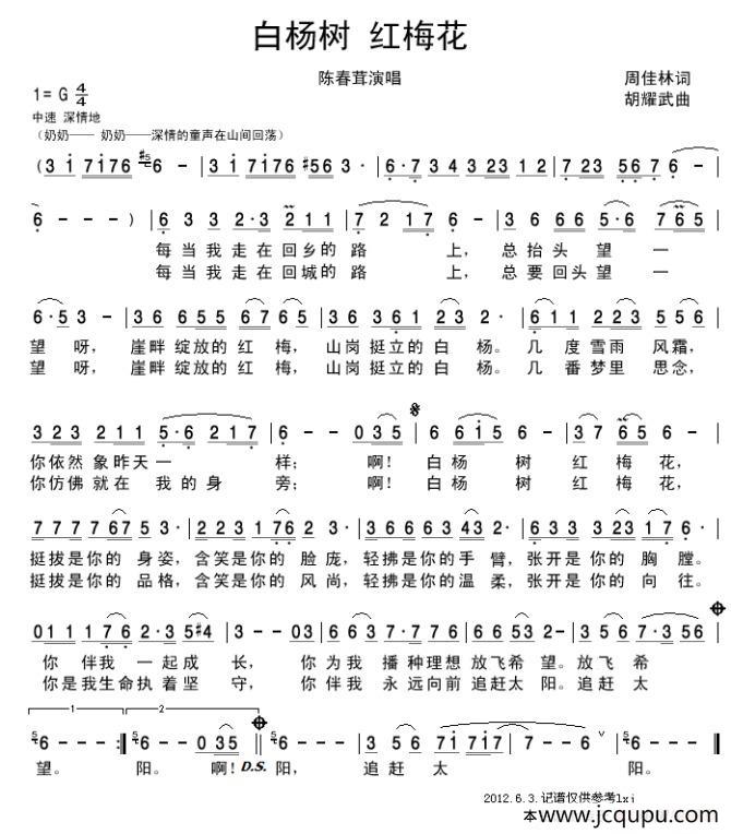 白杨树 红梅花简谱