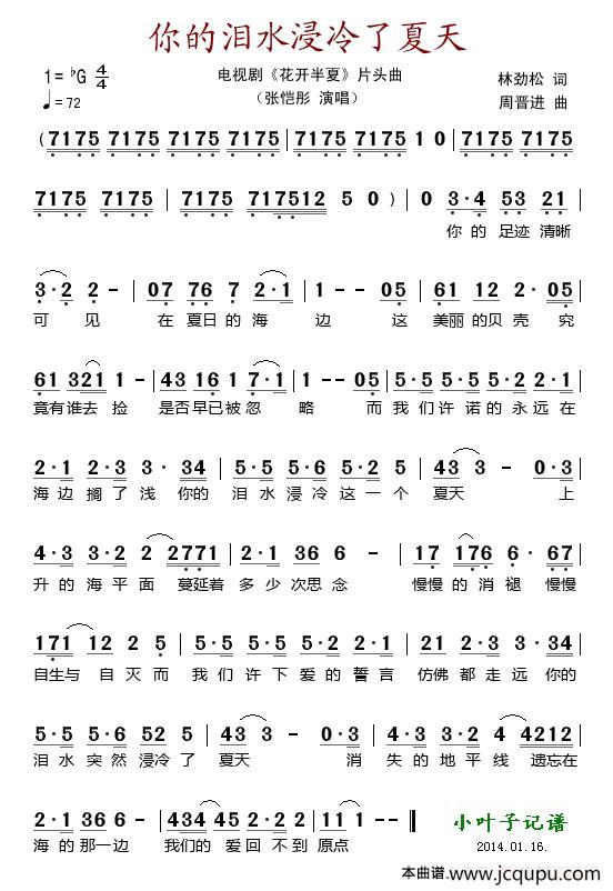 你的泪水浸冷了夏天（电视剧《花开半夏》片头曲）简谱