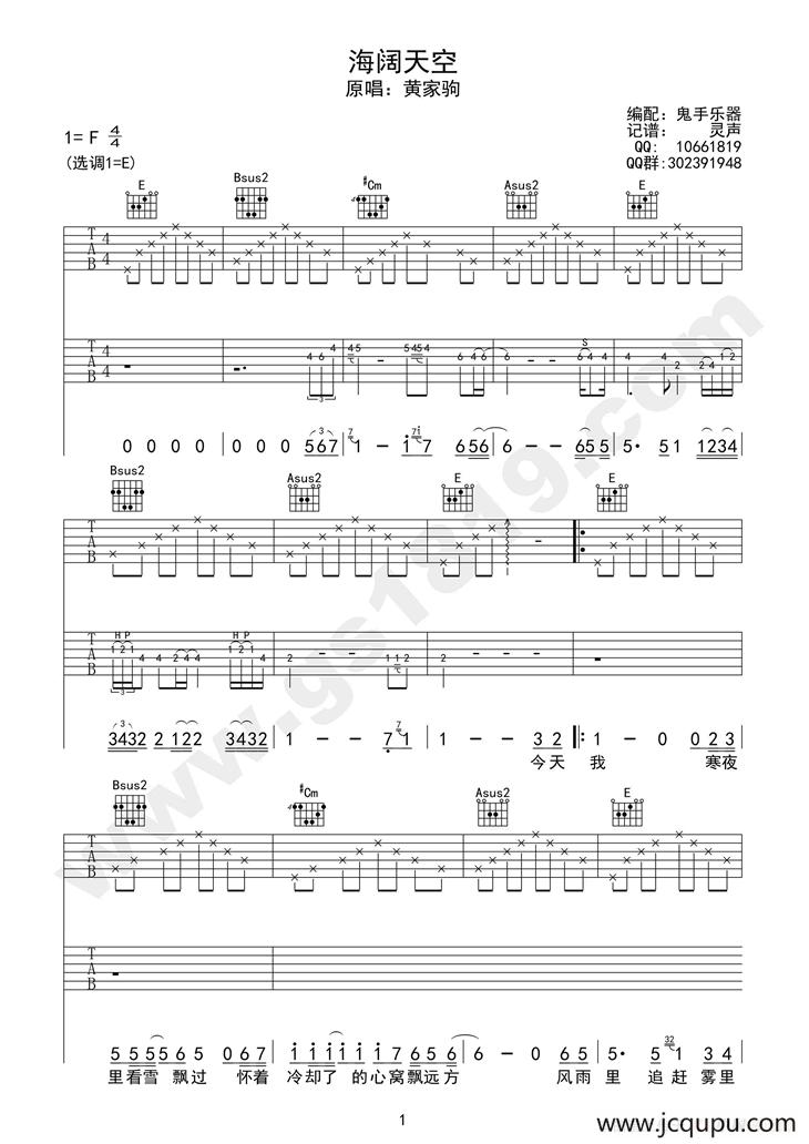 海阔天空 （鬼手乐器双吉他版）简谱