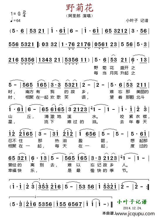 野菊花（阿里郎演唱版）简谱