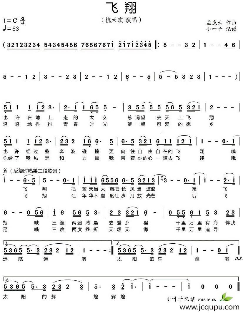 飞翔（杭天琪演唱版）简谱