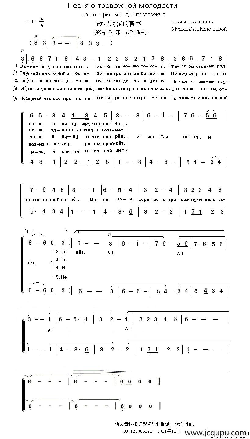 歌唱动荡的青春（俄语简谱）简谱