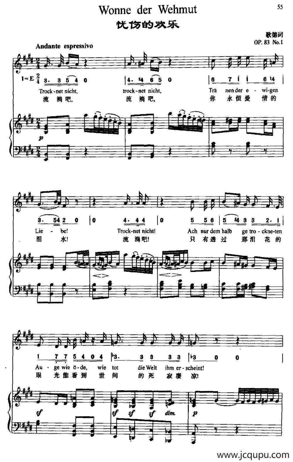 Wonne der Wehmut（忧伤的欢乐）（中外文对照、正谱+简谱）简谱