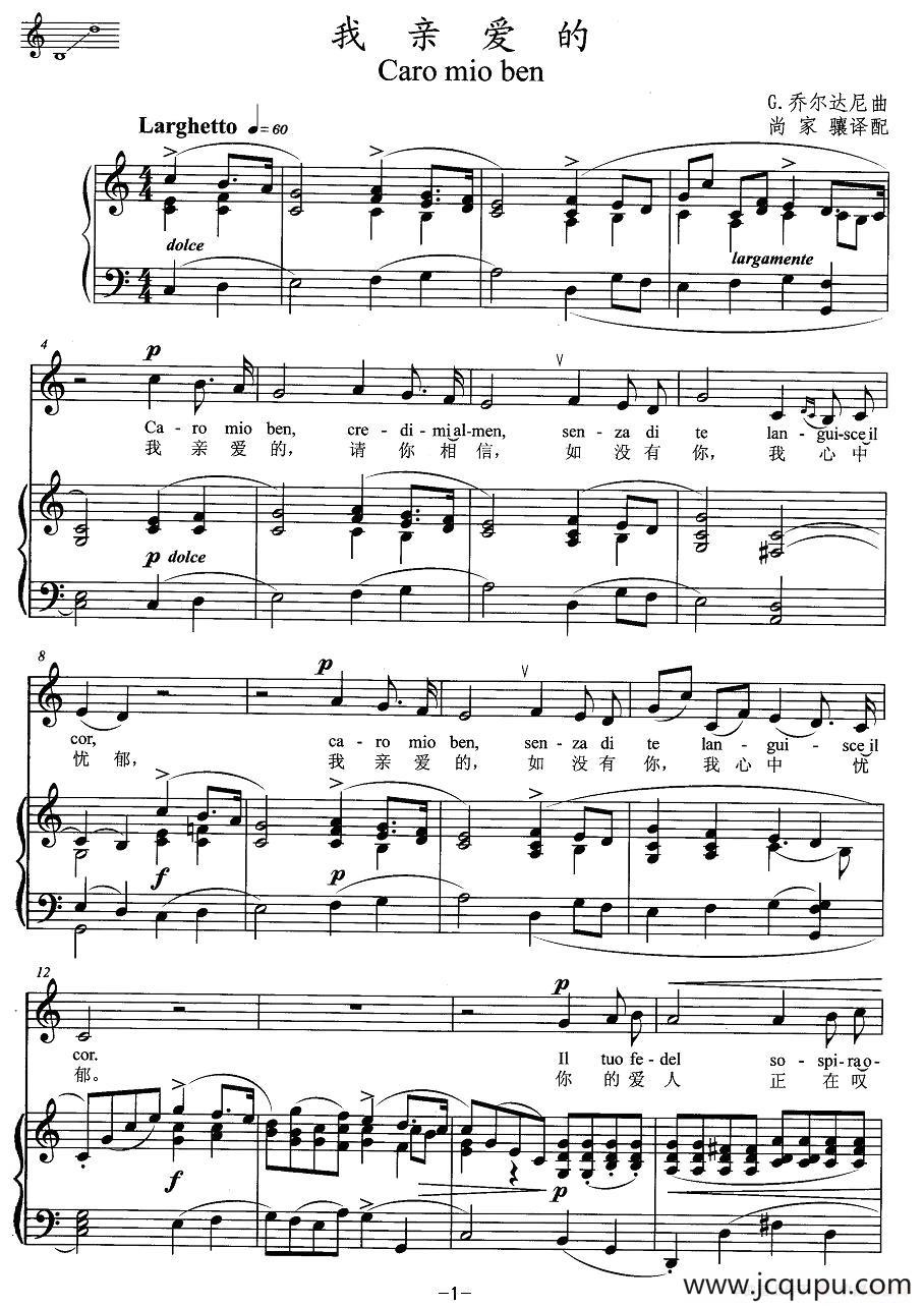 [意] 我亲爱的（中外文对照、正谱）简谱