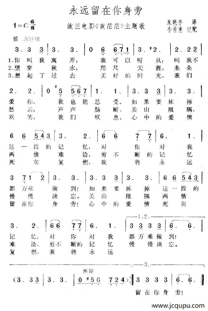 永远留在你身旁（波兰电影《夜茫茫》主题歌）简谱
