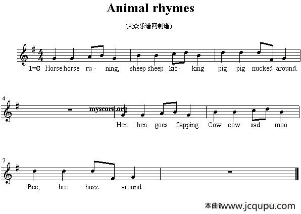 Animal rhymes（英文儿歌、五线谱）简谱