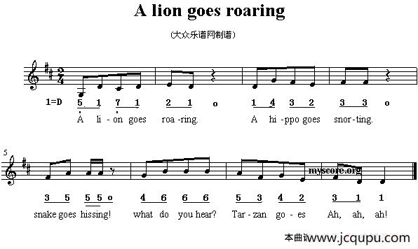 A lion goes roaring（英文儿歌、五线谱）简谱