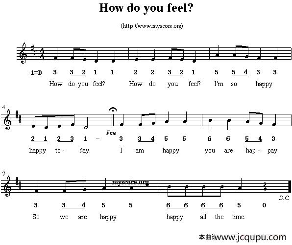 How do you feel?（英文儿歌）简谱