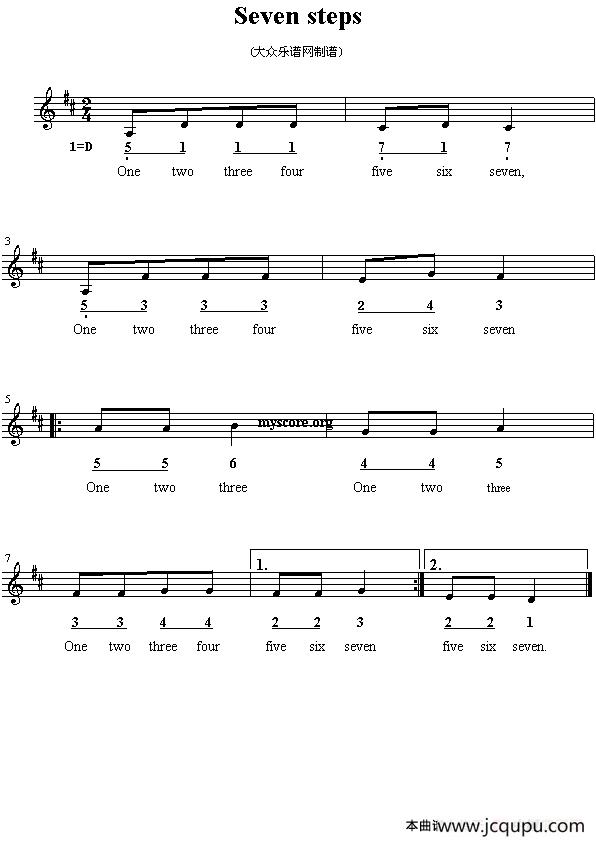Seven steps（英文儿歌、线简谱混排版）简谱