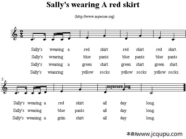 Sally's wearing a red skirt（英文儿歌、五线谱）简谱