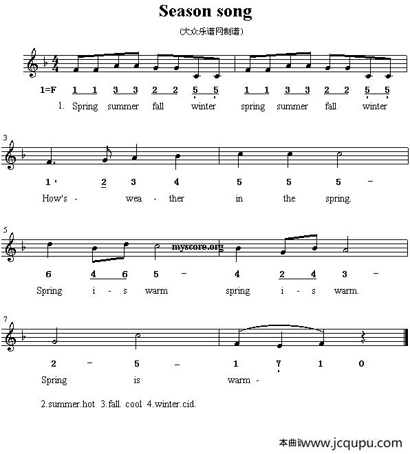 Season song（英文儿歌、线简谱混排版）简谱