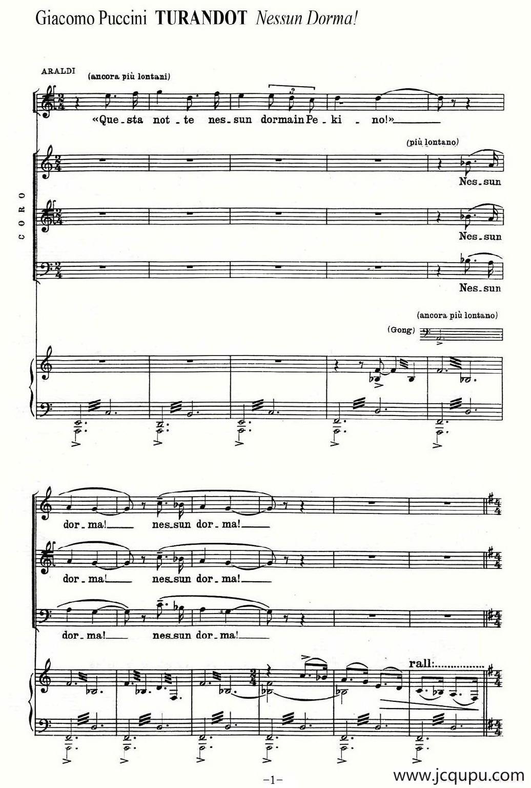 [意]今夜无人入眠（歌剧《图兰朵》选曲、合唱与钢琴伴奏）简谱