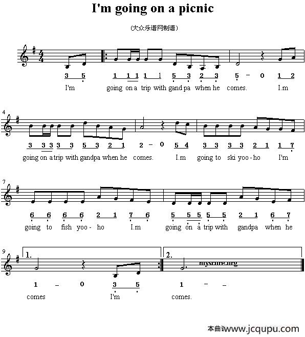 I'm going on a picnic （英文儿歌、线简谱混排版）简谱