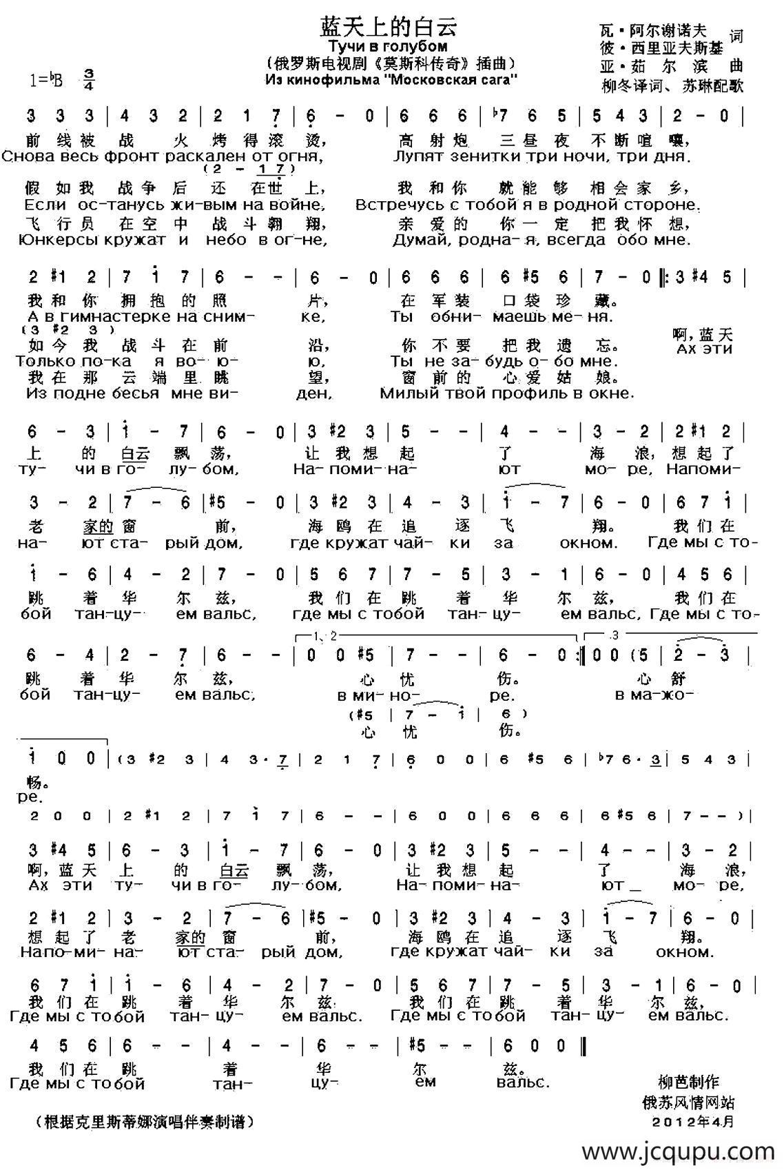 [俄]蓝天上的白云（Тучи в Голубом）（中俄文对照）简谱