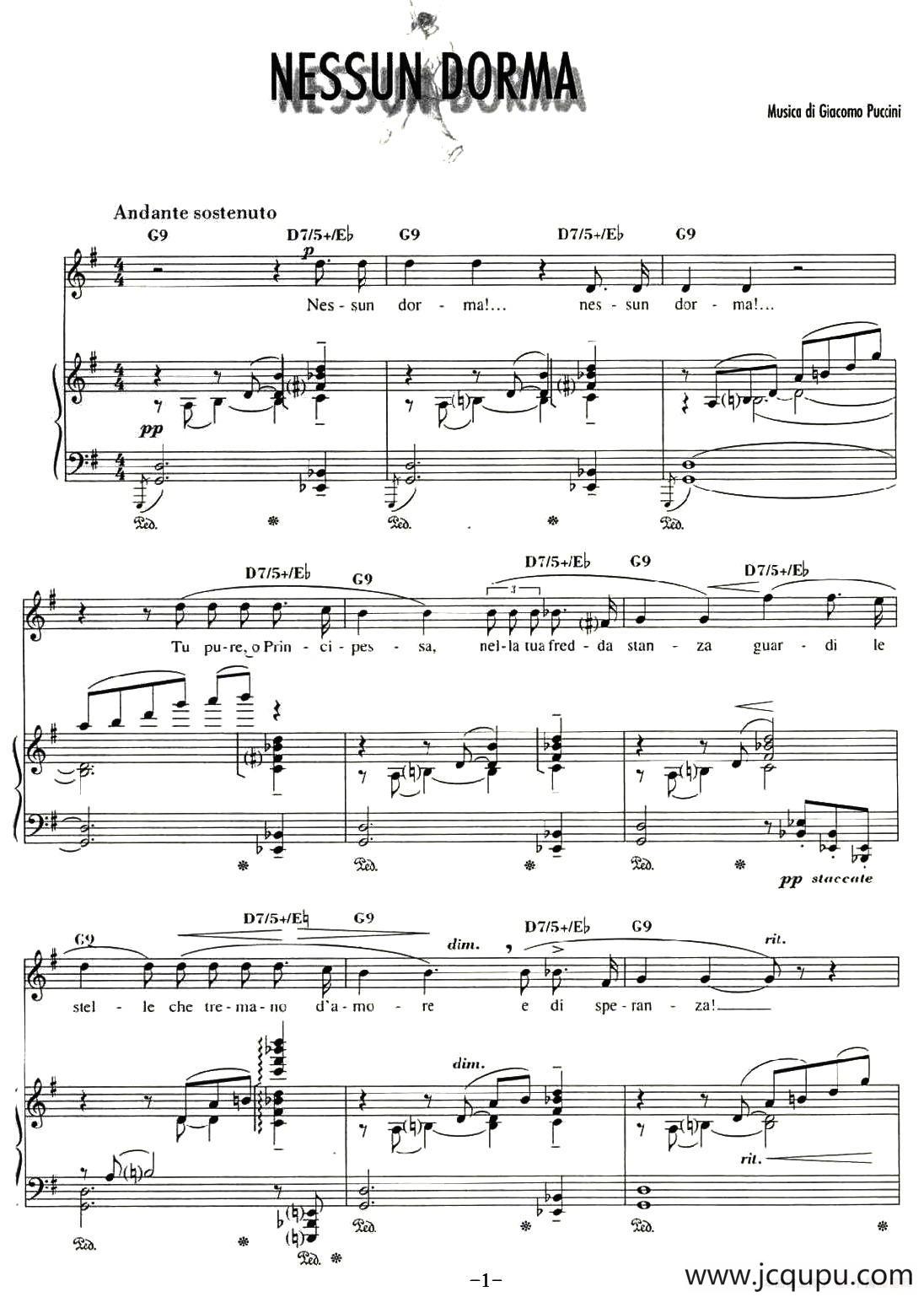 [意]今夜无人入眠（歌剧《图兰朵》选曲、正谱）简谱