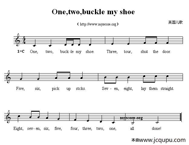 One,two,buckle my shoe （英文儿歌、五线谱）简谱