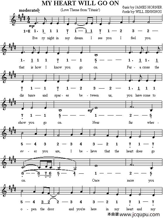 My heart will go on（《铁达尼号》主题歌）（线简谱混排版）简谱