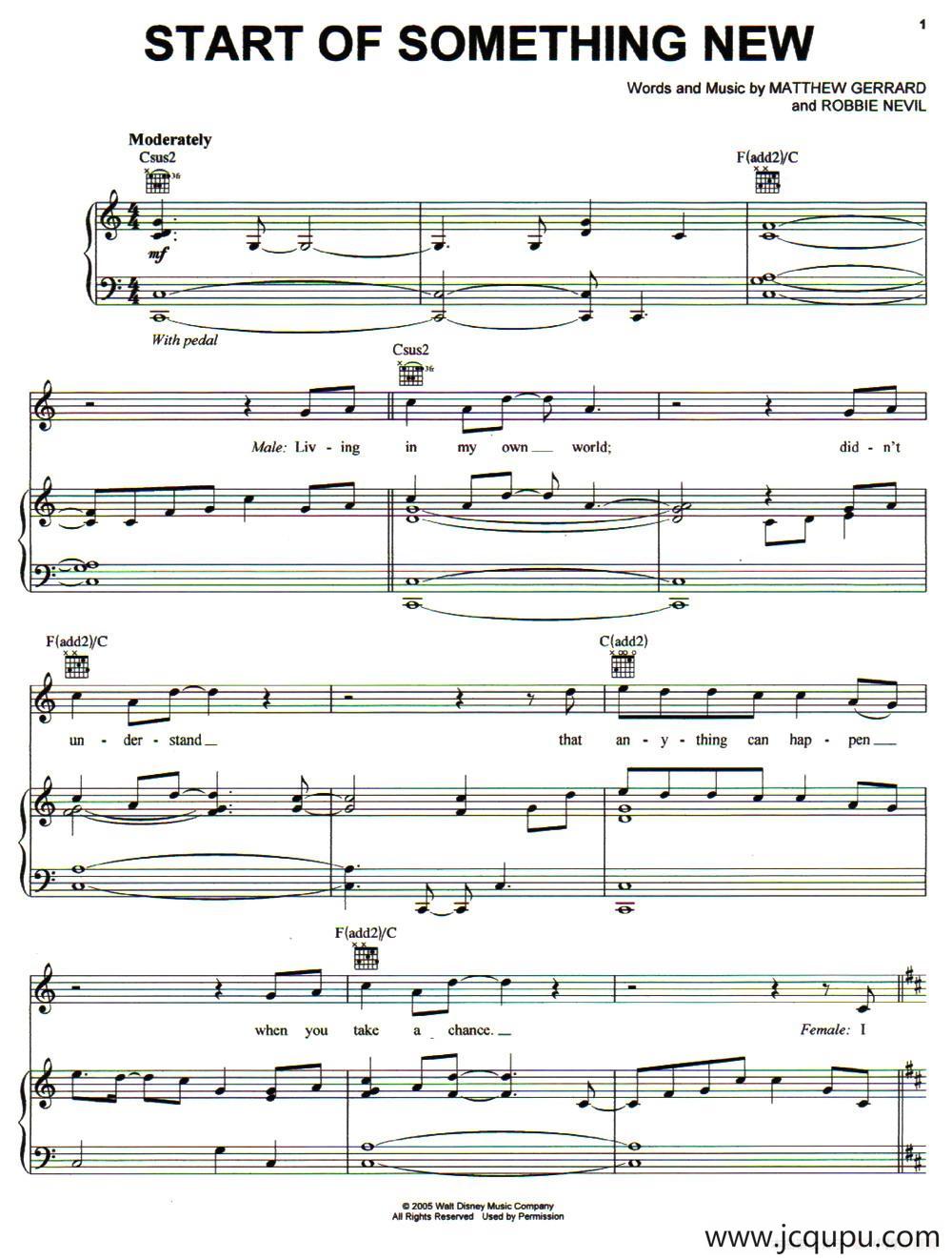 [美]Start Of Something New（正谱）简谱