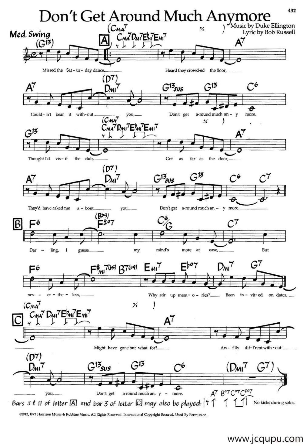 Don't Get Around Much Anymore（带和弦五线谱）简谱