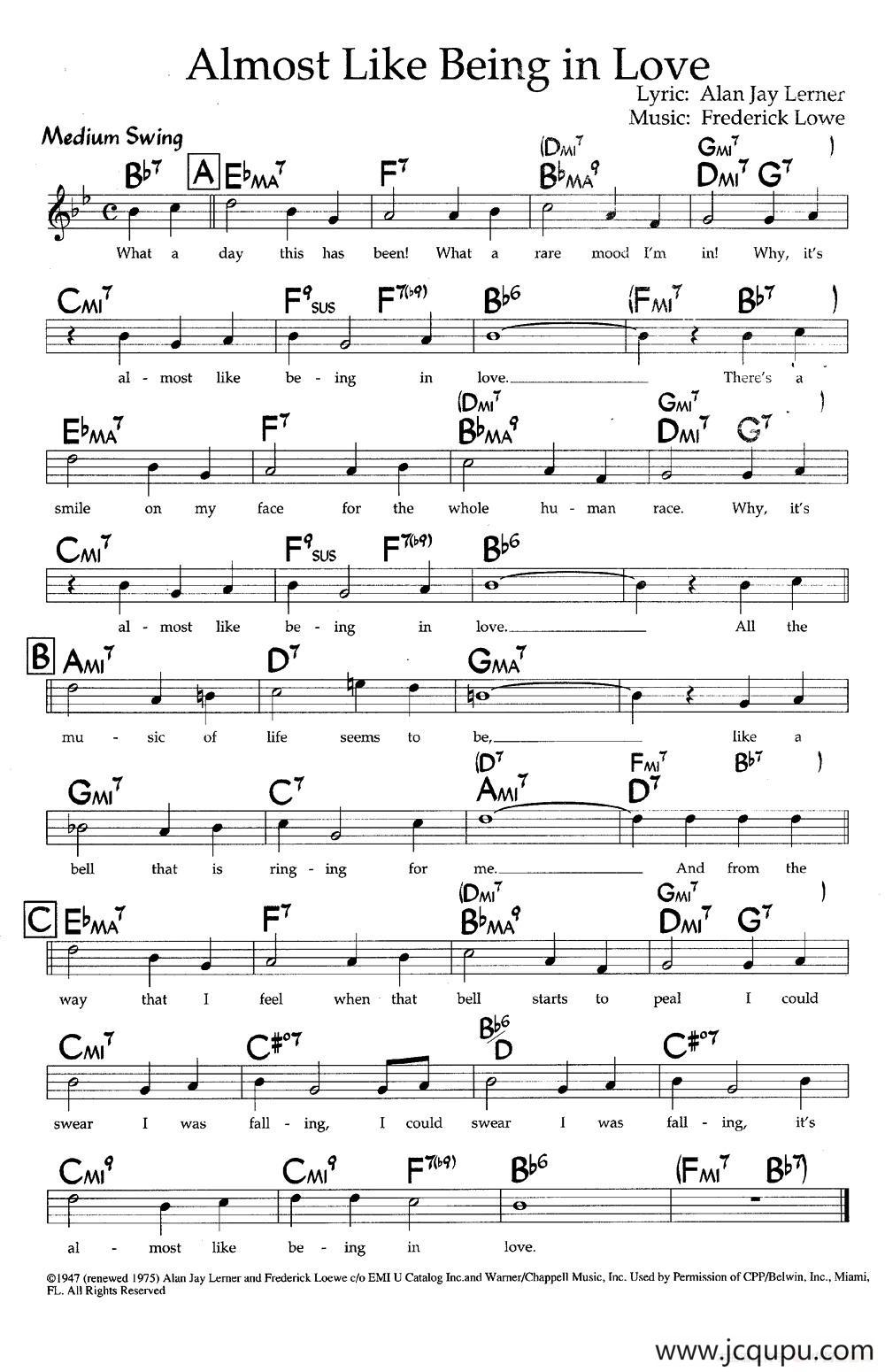 Almost Like Being in Love（带和弦五线谱）简谱