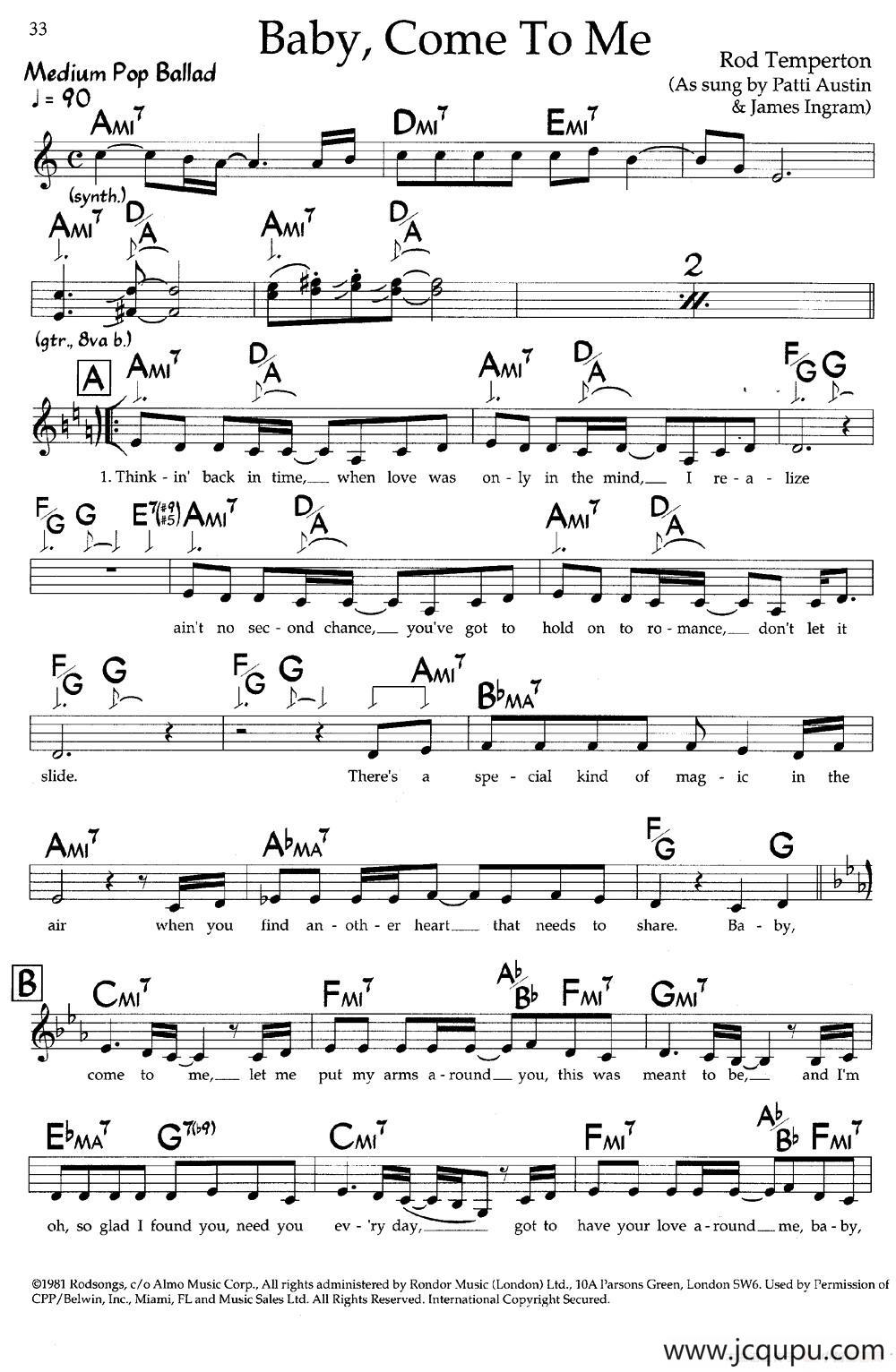 Baby,Come To Me（带和弦五线谱）简谱