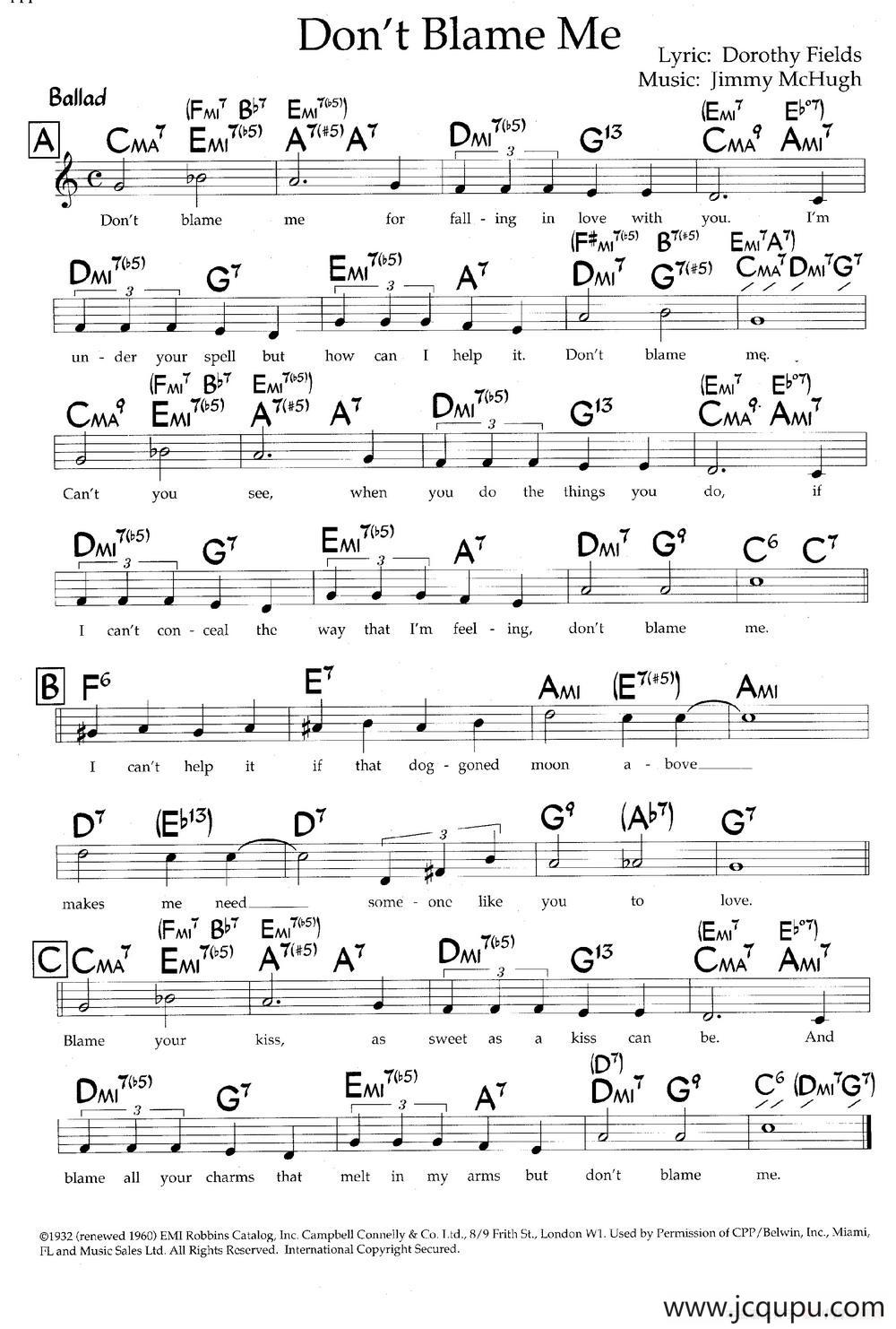 Don't Blame Me（带和弦五线谱）简谱