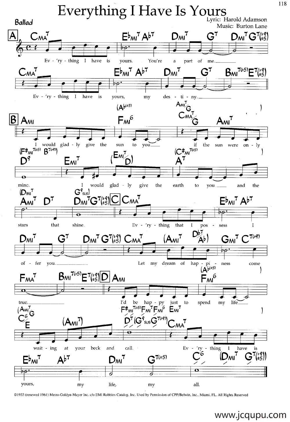 Everything I Have Is Yours（带和弦五线谱）简谱
