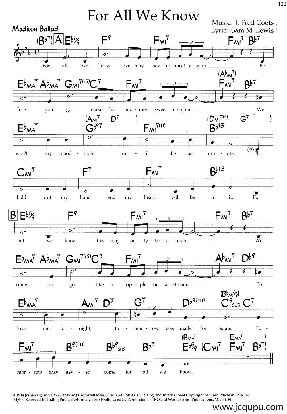 For All We Know（带和弦五线谱）简谱