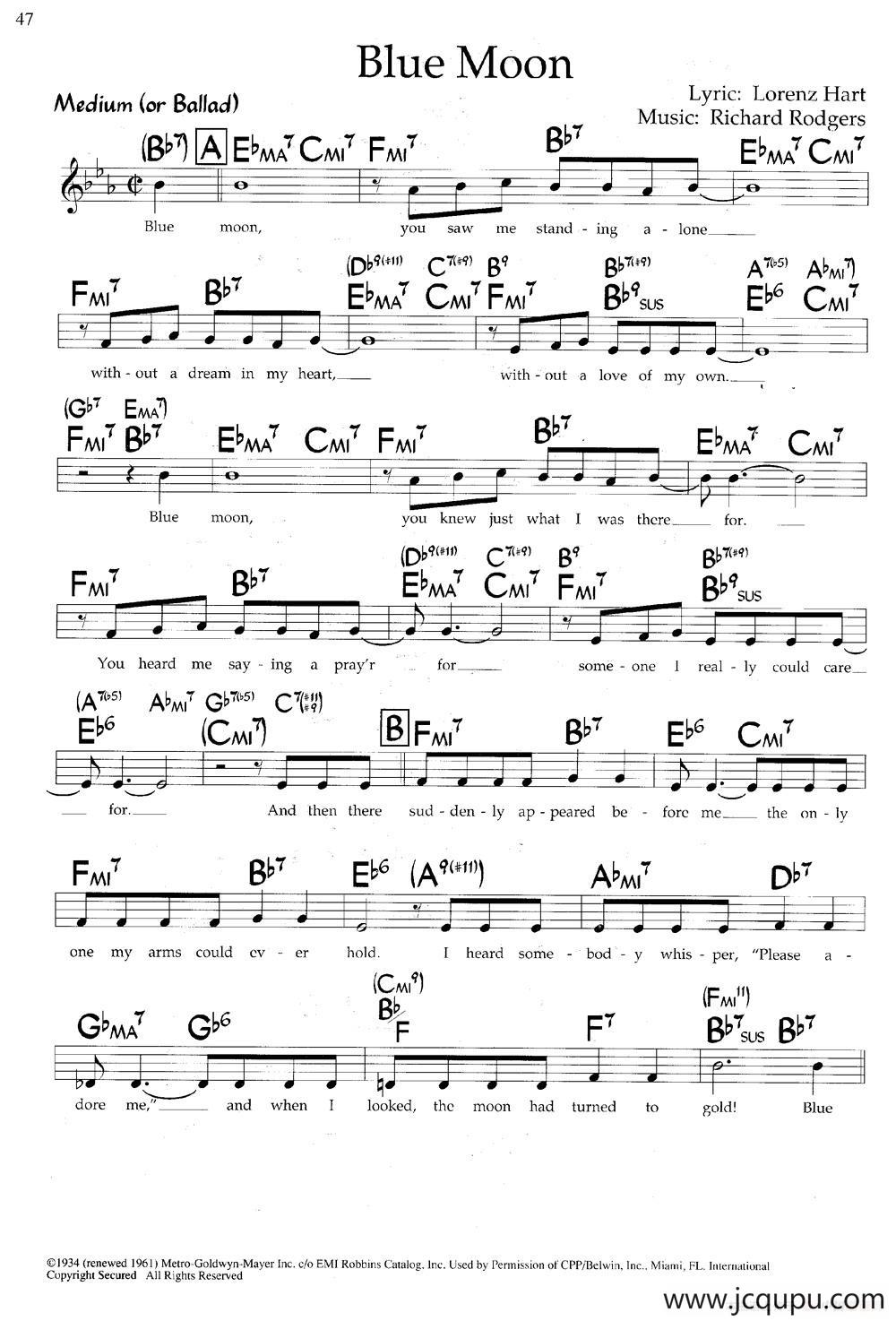 Blue Moon（带和弦五线谱）简谱