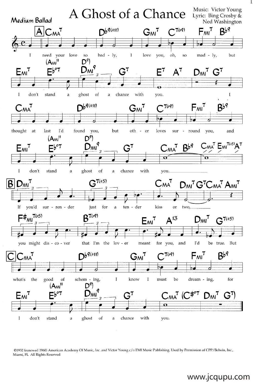 A Ghost of a Chance（带和弦五线谱）简谱