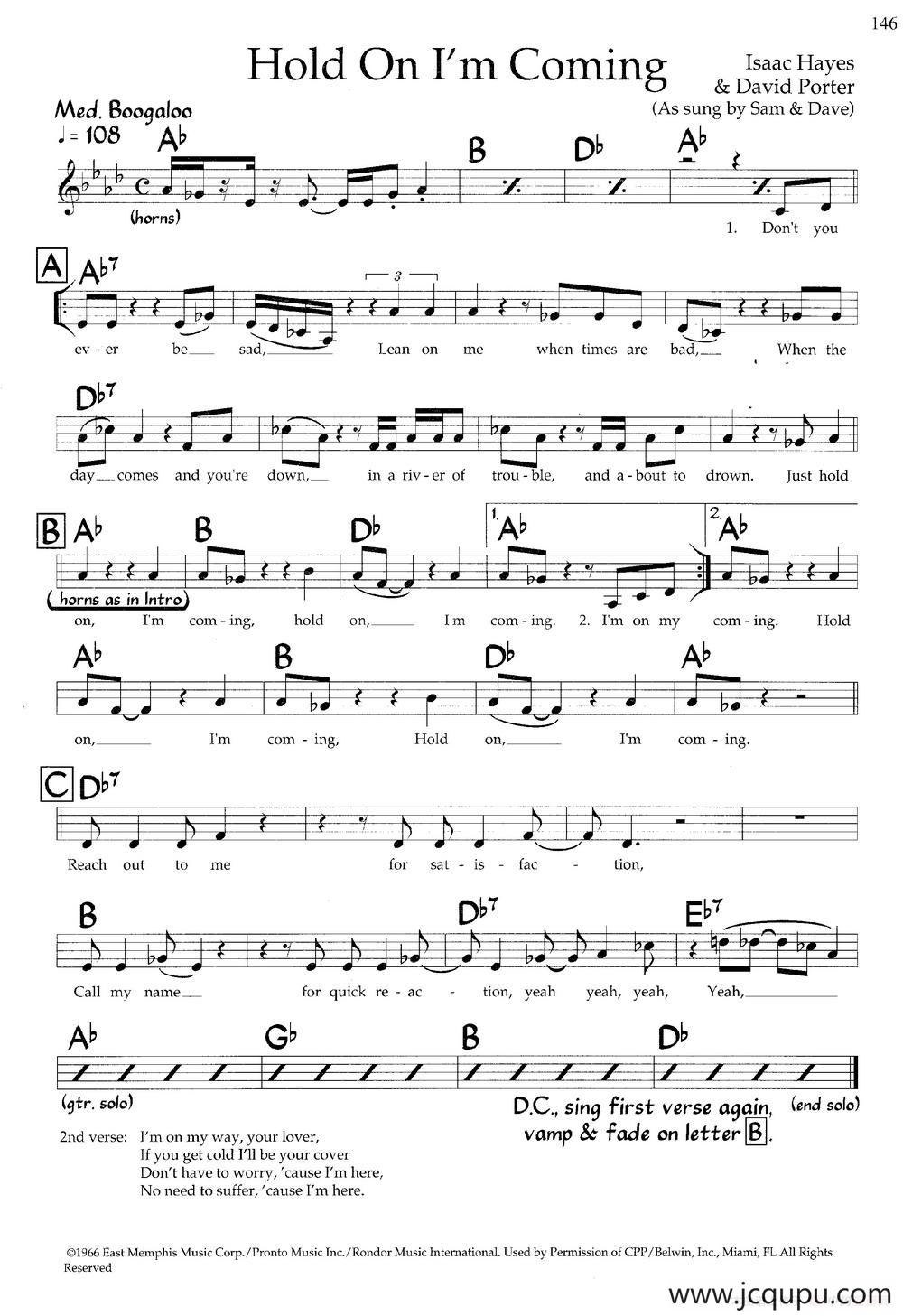 Hold On I'm Coming（带和弦五线谱）简谱