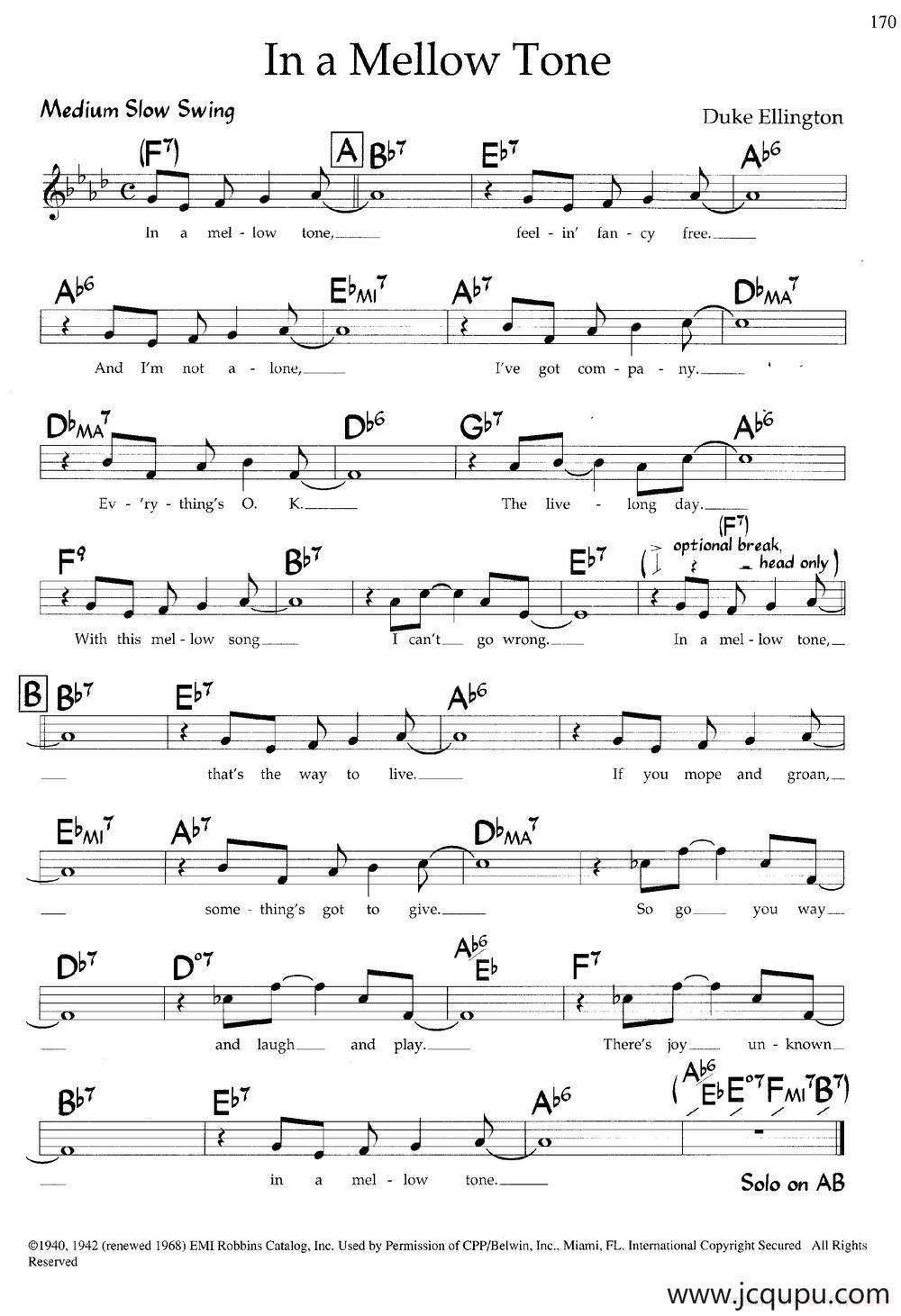 In a Mellow Tone（带和弦五线谱）简谱