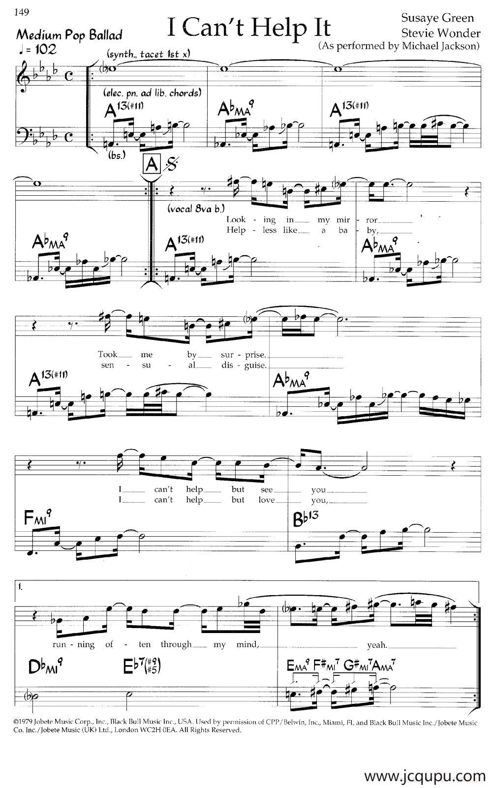 I Can't Help It（爵士钢琴弹唱谱）简谱