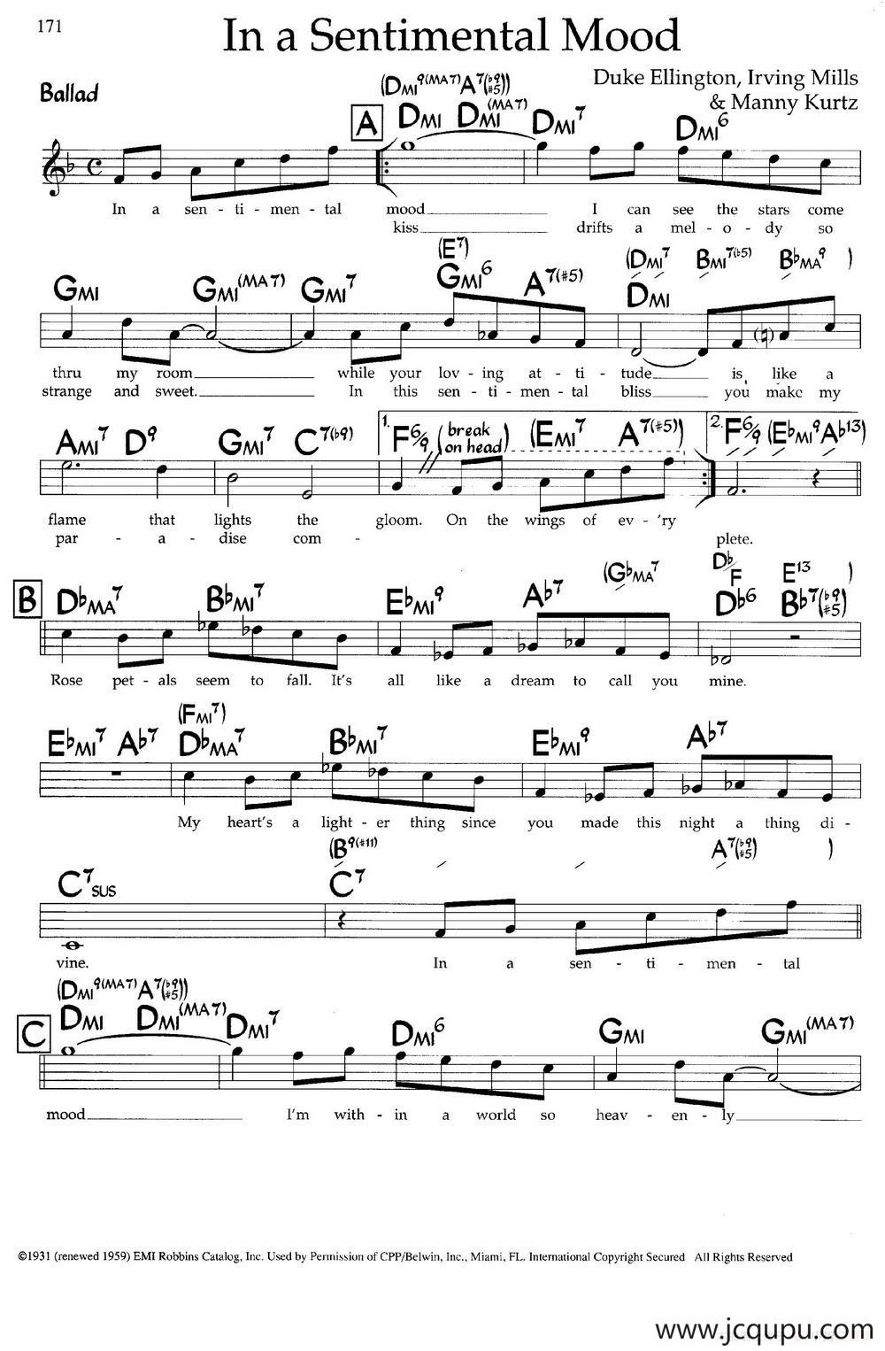 In a Sentimental Mood（带和弦五线谱）简谱