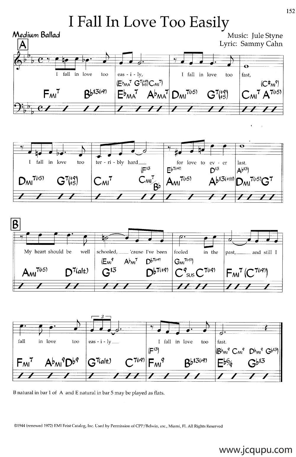 I Fall In Love Too Easily（爵士钢琴弹唱谱）简谱