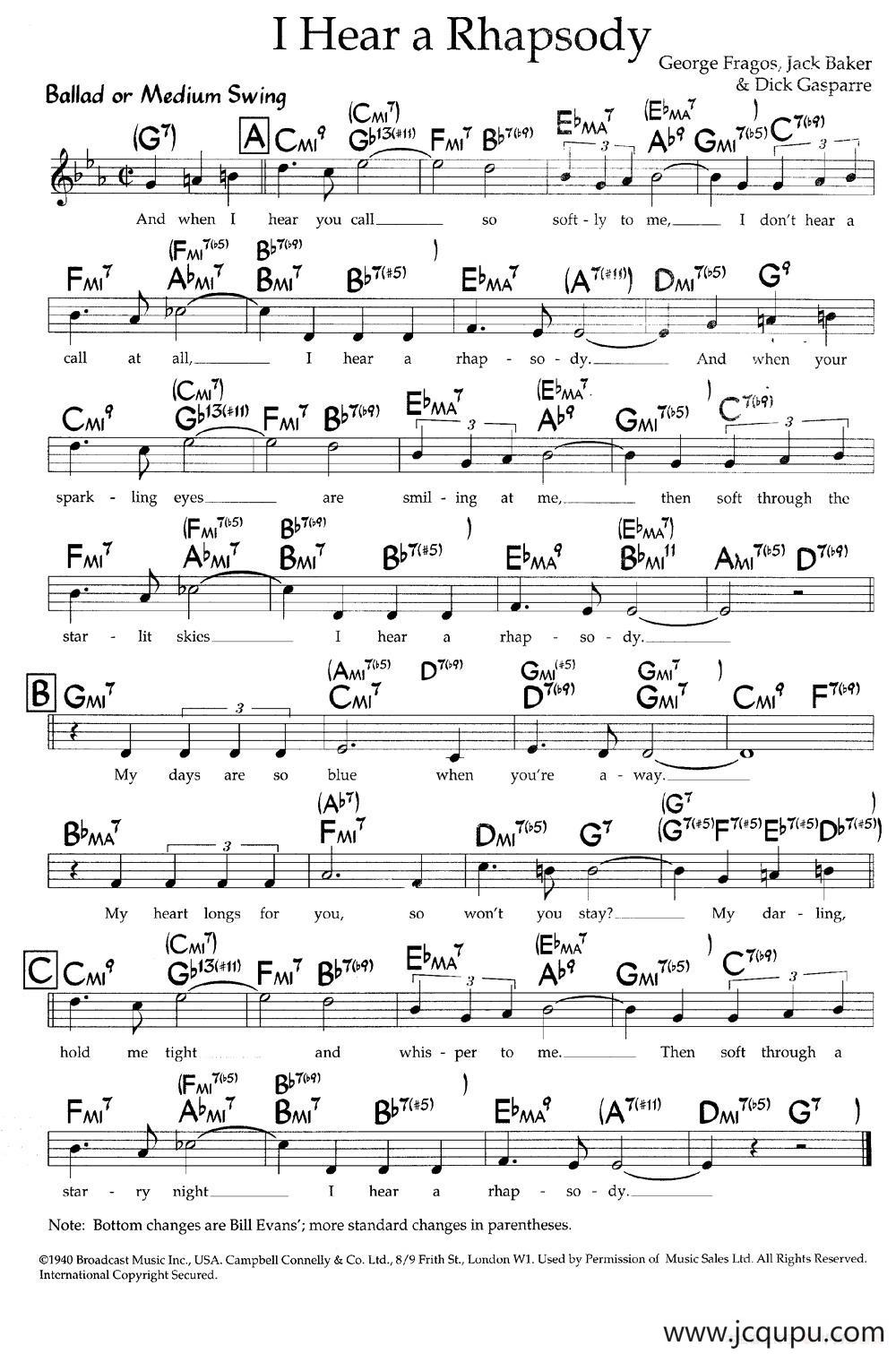 I Hear a Rhapsody（带和弦五线谱）简谱