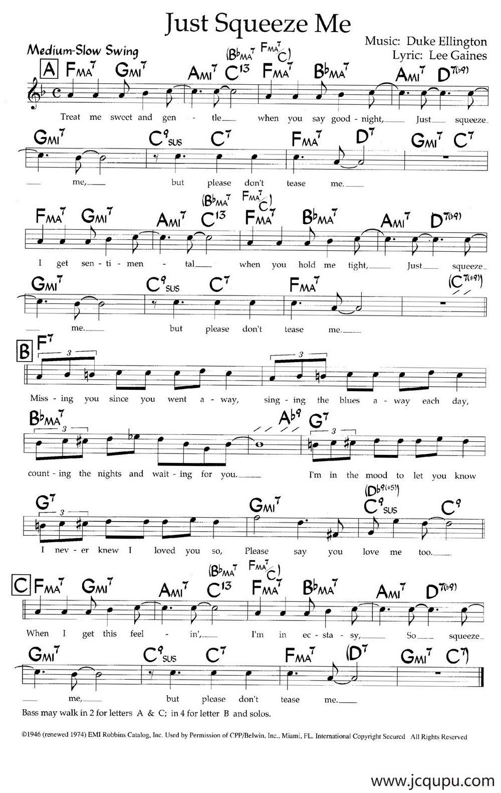 Just Squeeze Me（带和弦五线谱）简谱