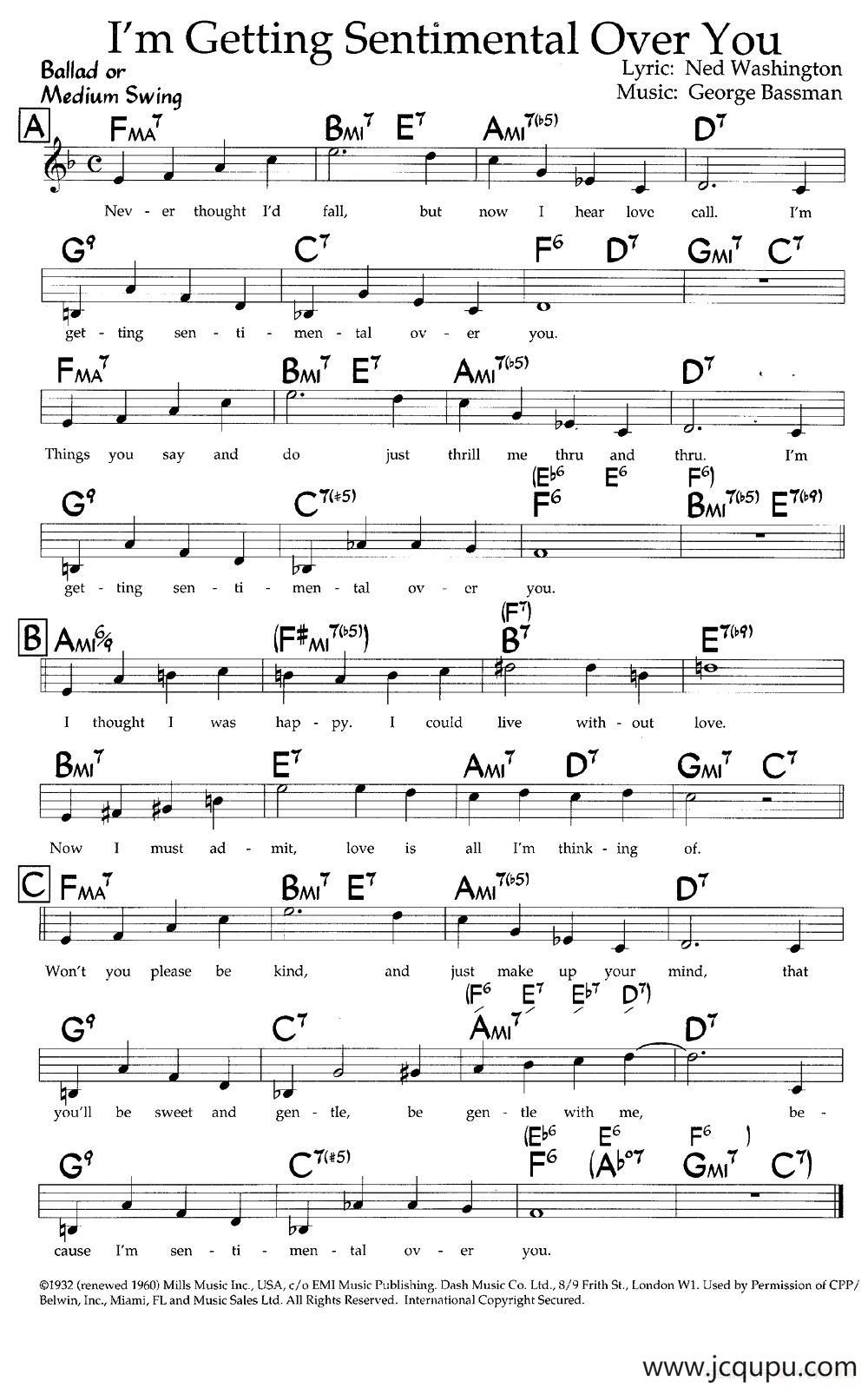 I'm Getting Sentimental Over You（带和弦五线谱）简谱