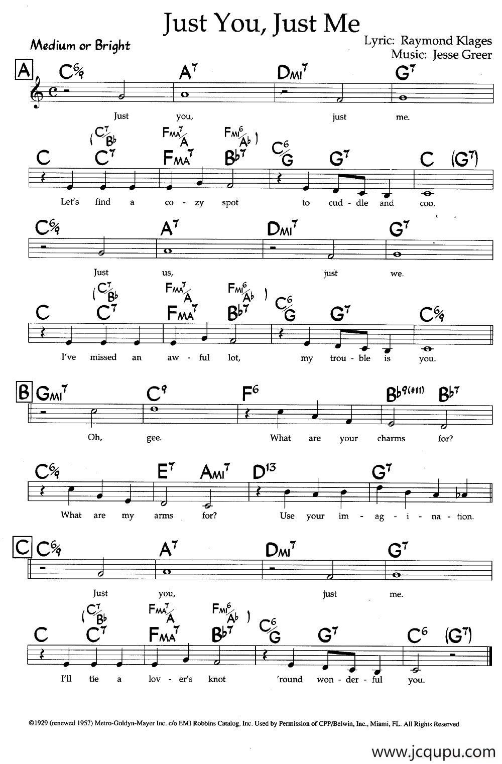 Just You, Just Me（带和弦五线谱）简谱