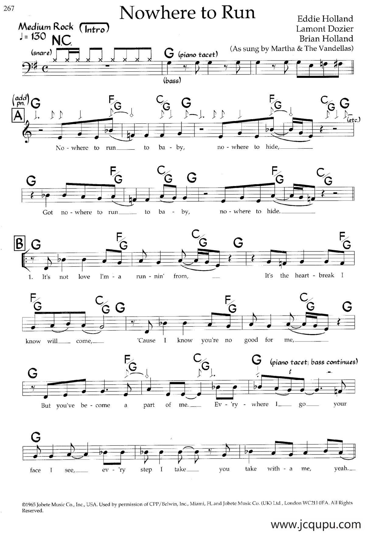 Nowhere to Run（带和弦五线谱）简谱