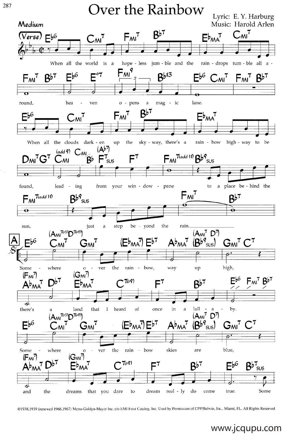 Over the Rainbow（带和弦五线谱）简谱