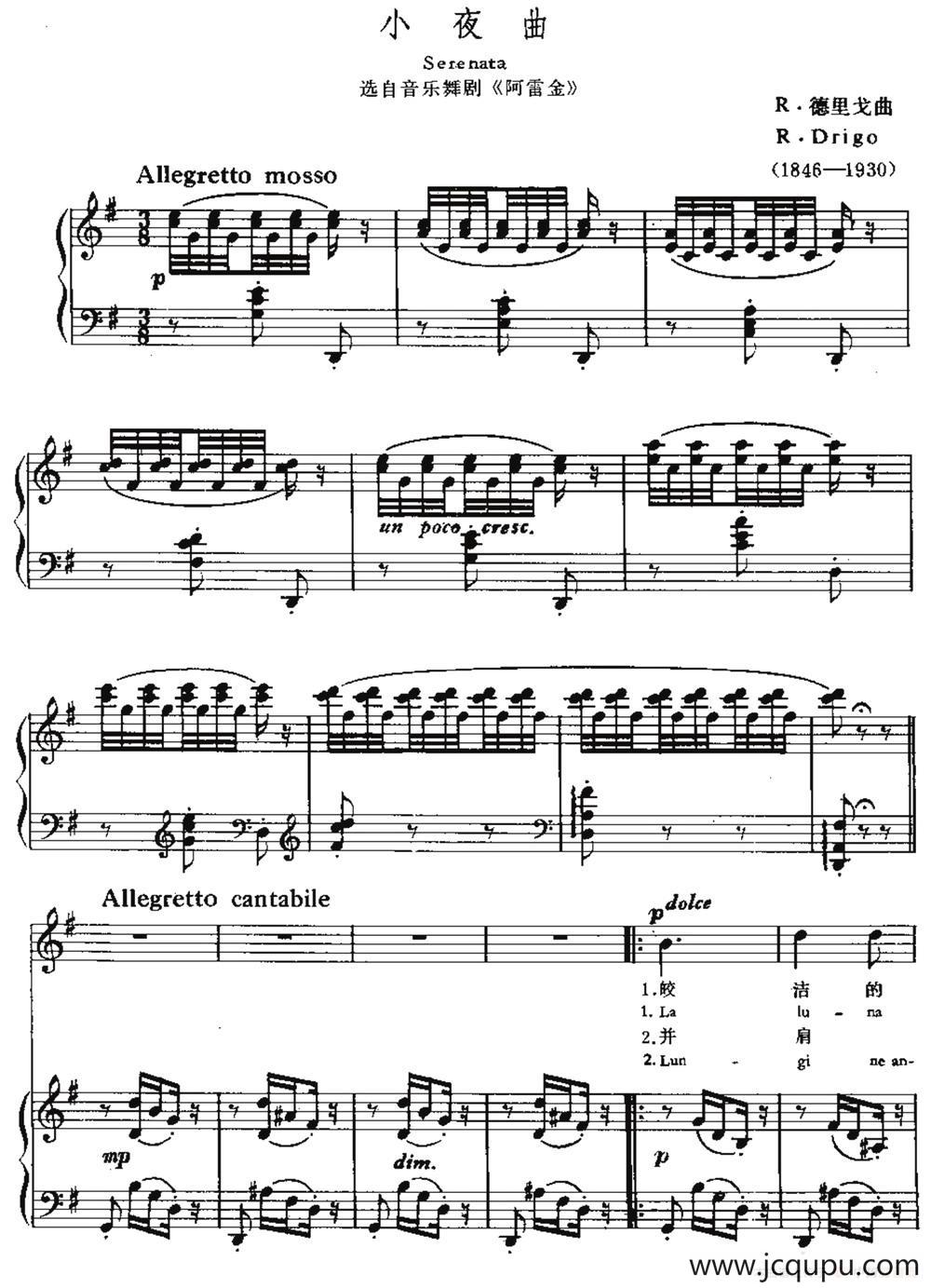 [意]小夜曲（选自音乐舞剧《阿雷金》）（中外文对照、正谱）简谱