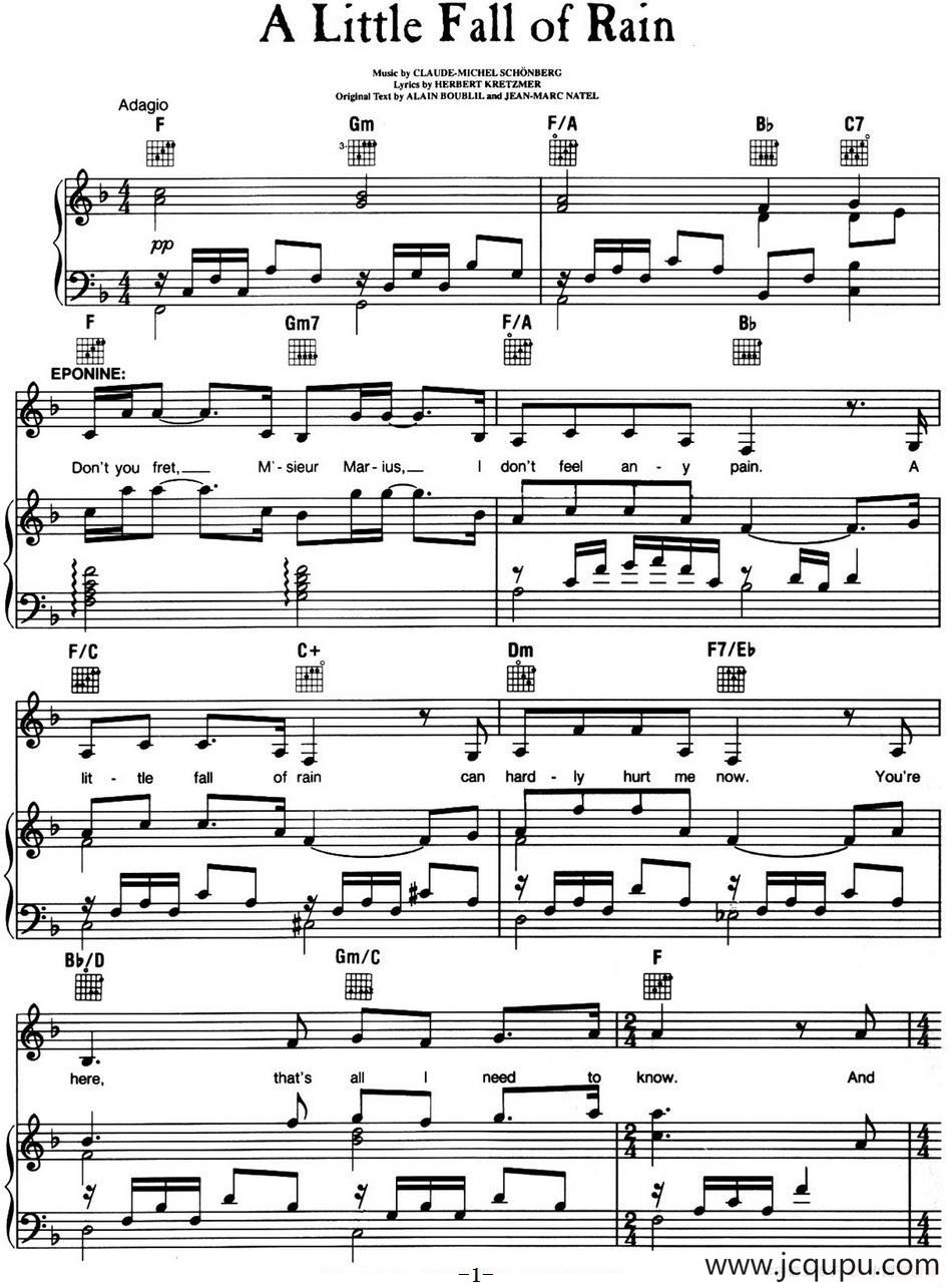 A Little Fall of Rain（音乐剧《悲惨世界》（Les Miserables）选曲、正谱 ）简谱