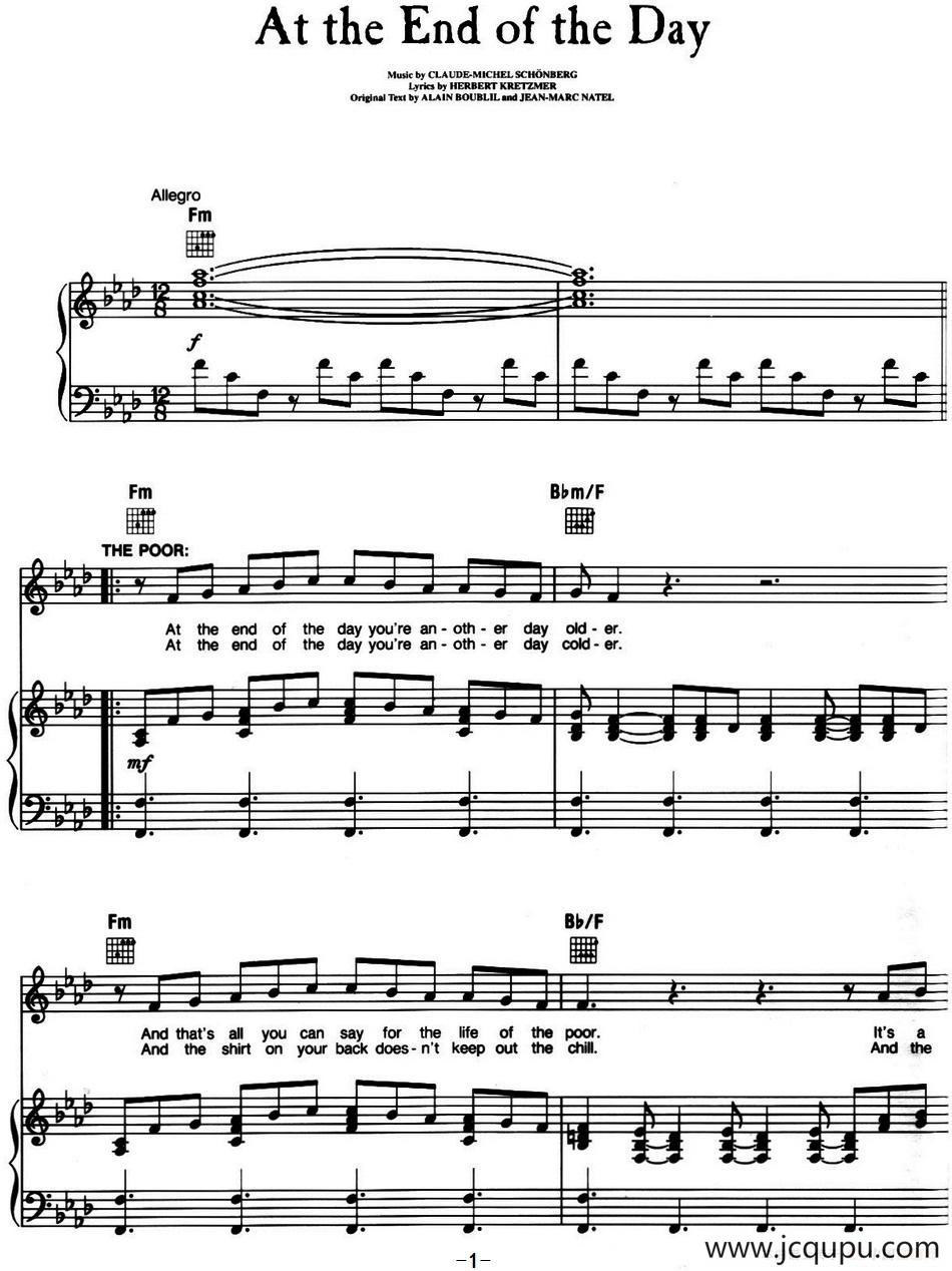 At the End of the Day （音乐剧《悲惨世界》（Les Miserables）选曲、正谱 ）简谱