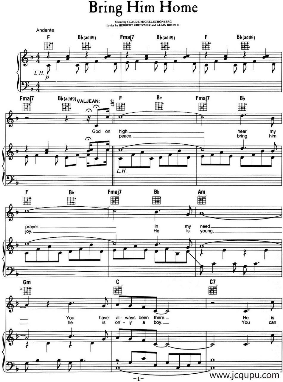 Bring Him Home （音乐剧《悲惨世界》（Les Miserables）选曲、正谱 ）简谱