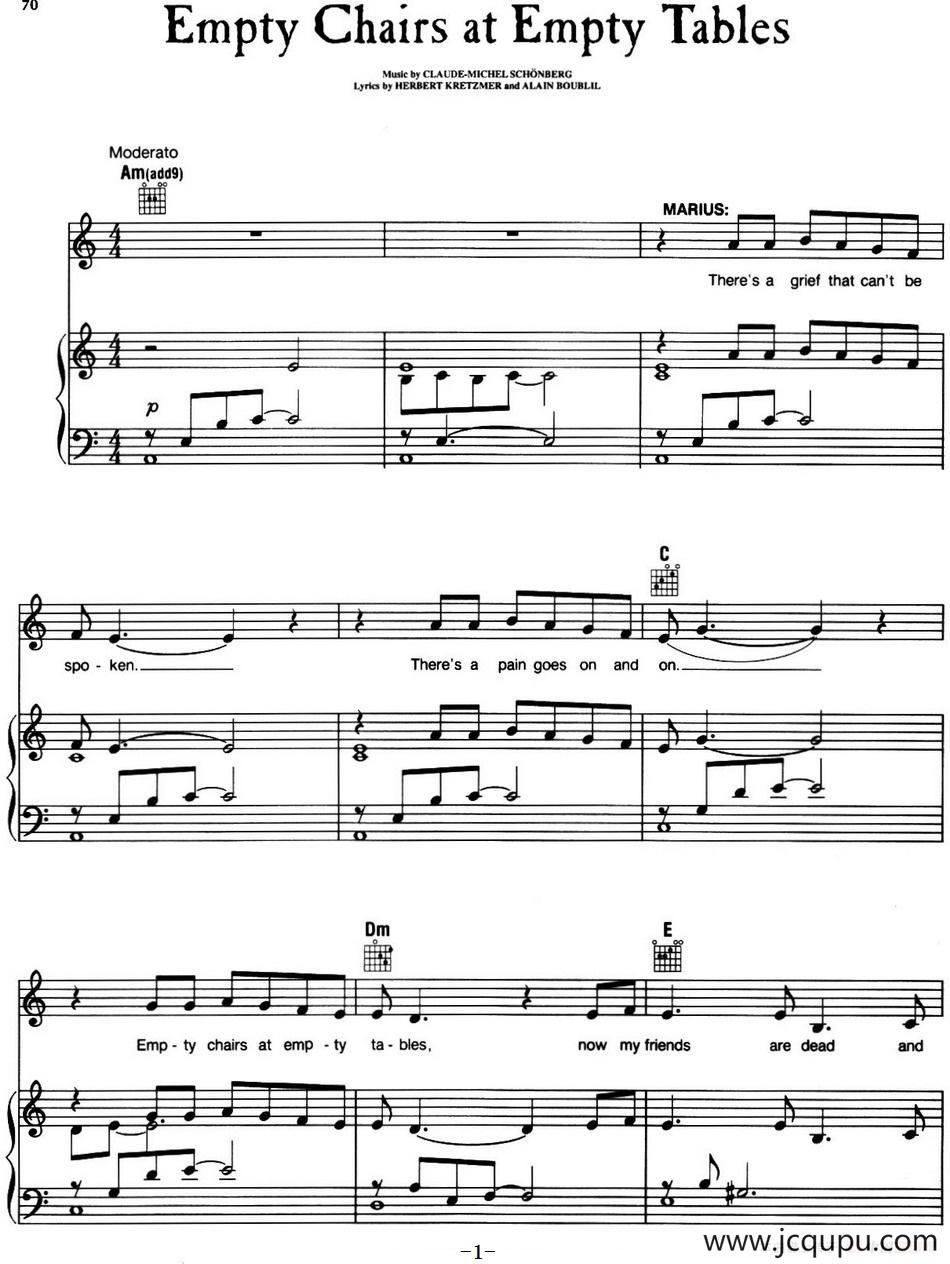 Empty Chairs at Empty Tables （音乐剧《悲惨世界》（Les Miserables）选曲、正谱 ）简谱