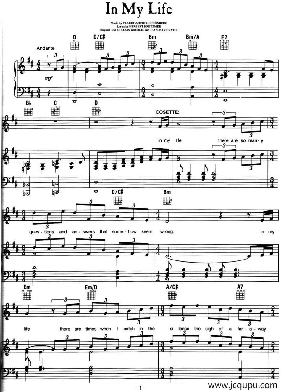 inmylife音乐剧悲惨世界lesmiserables选曲正谱