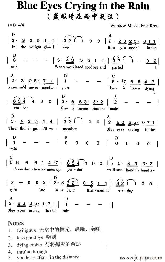 Blue Eyes Crying in the Rain（蓝眼睛在雨中哭泣）简谱