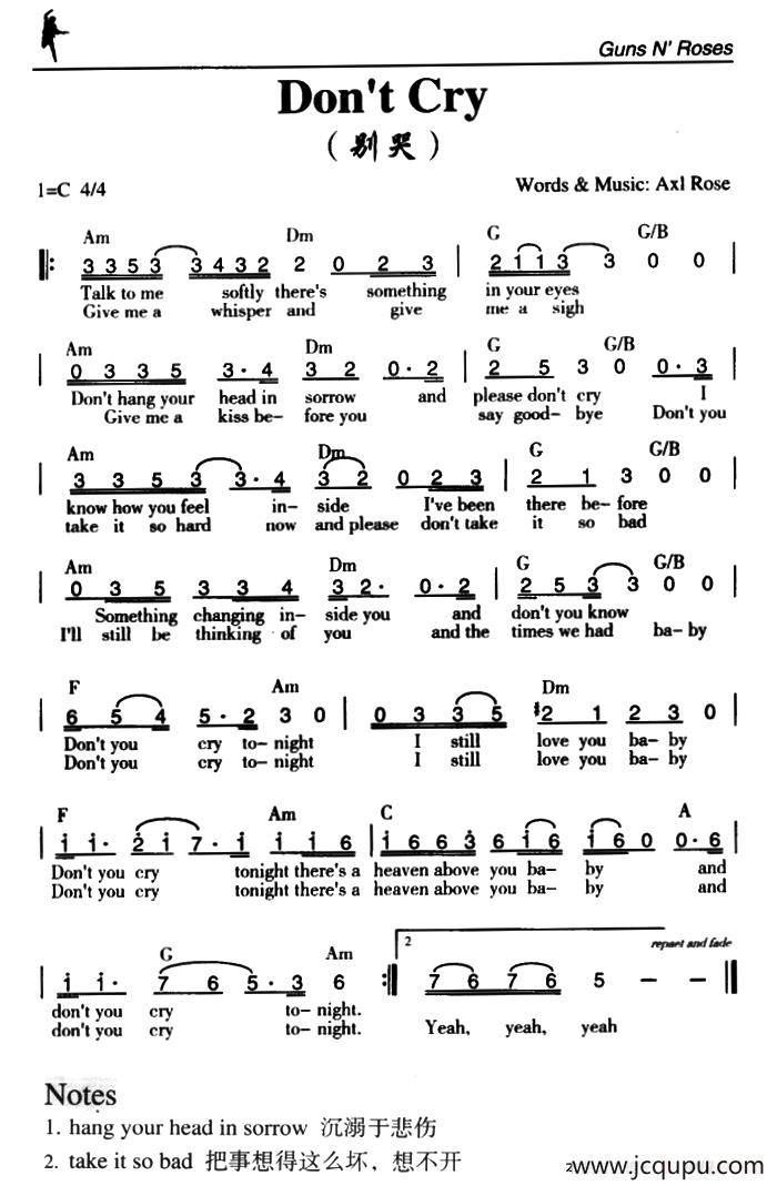 Don't Cry（别哭）简谱