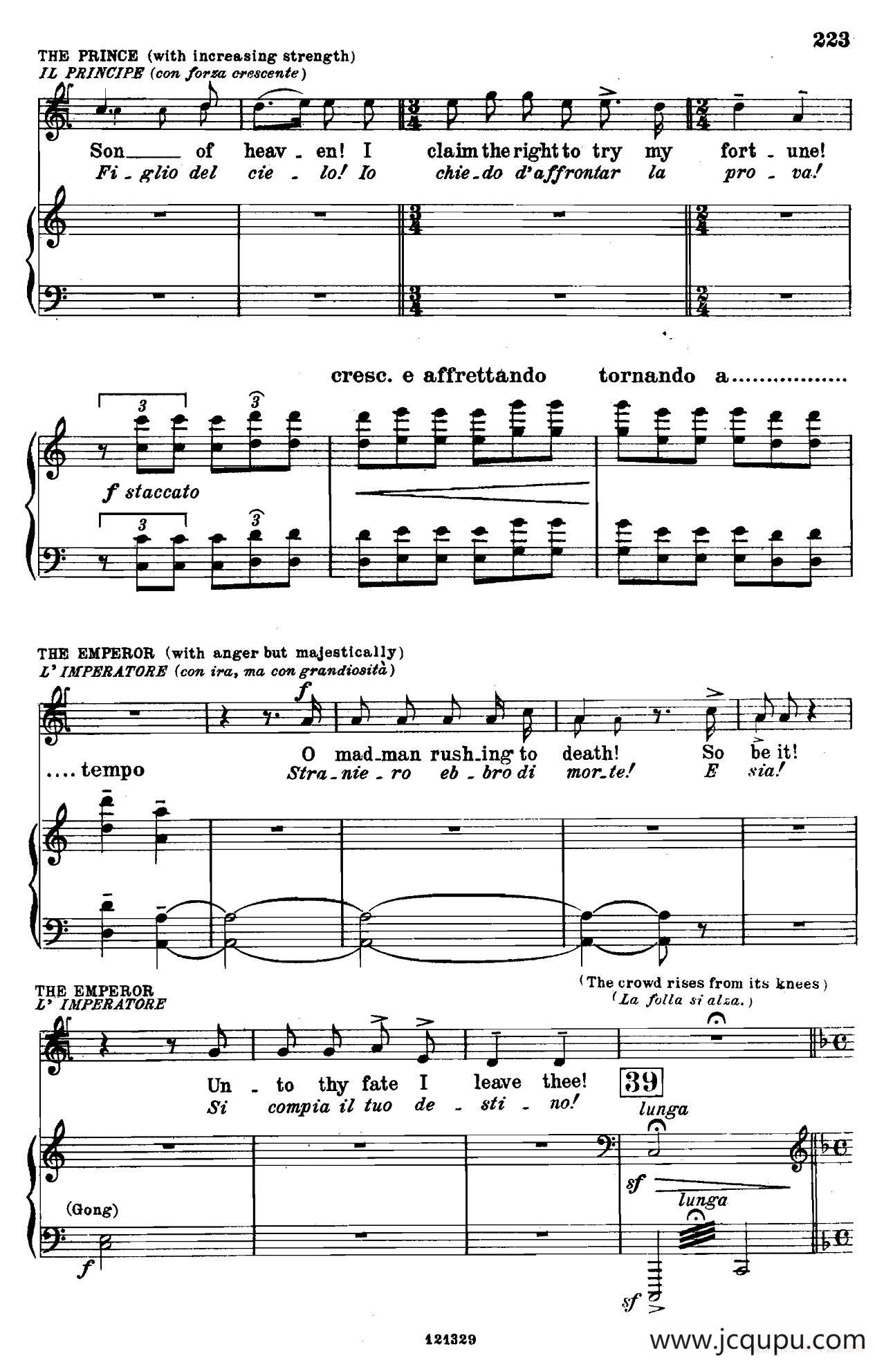 《图兰朵公主》三幕五场歌剧（英意双语）全谱（钢琴伴奏谱 P232——250）简谱